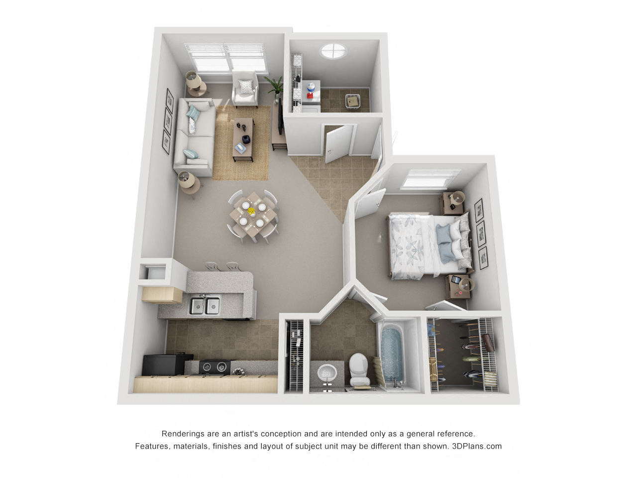 Floor plan for 1 bed, 1 bath, 709 sqft